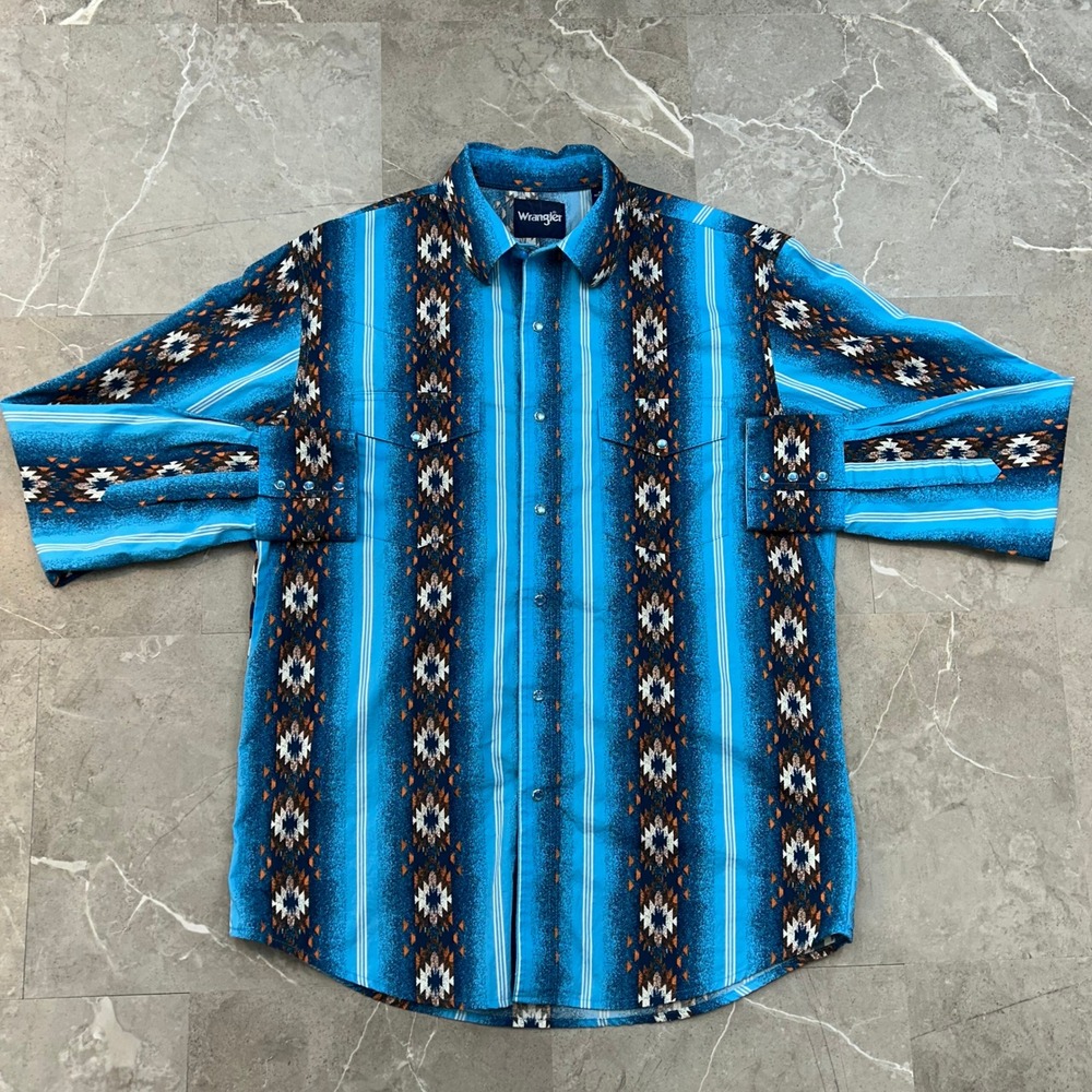 Vintage Wrangler Checotah Pearl Snap Shirt Mens Medium Aztec Western Workwear